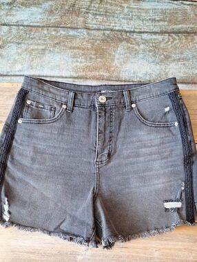 🔥🔥$8.00 Charcoal Denim Shorts Black Lace Side Trim. Size 10